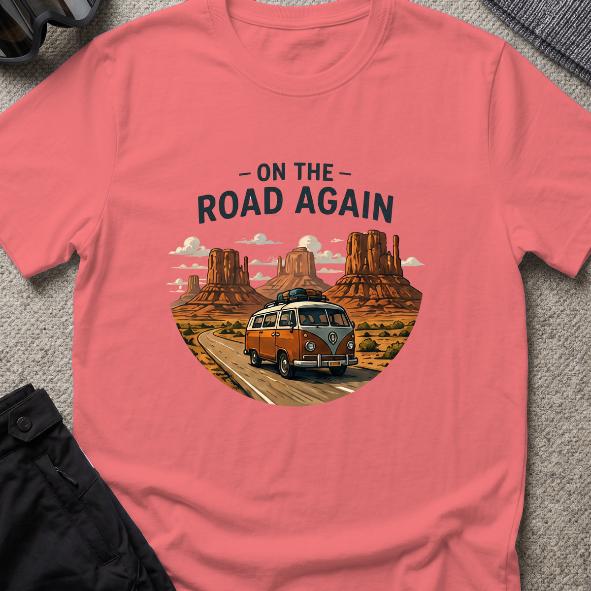 On the Road Again T-Shirt in Coral Silk, front view.