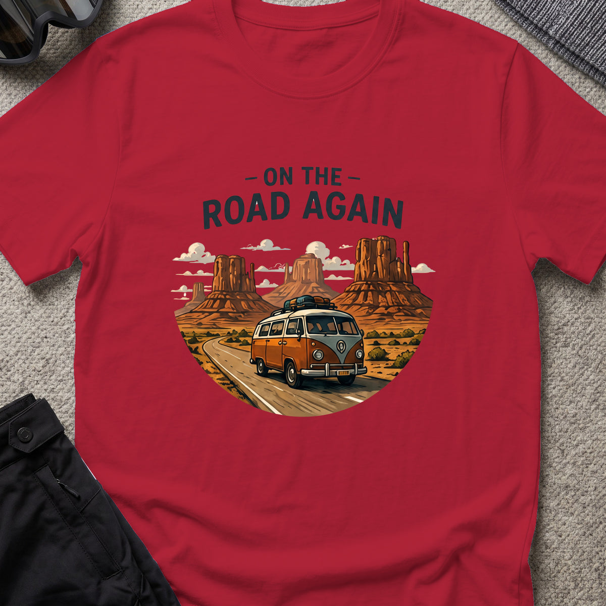 On the Road Again T-Shirt in Antique Cherry Red, front view.