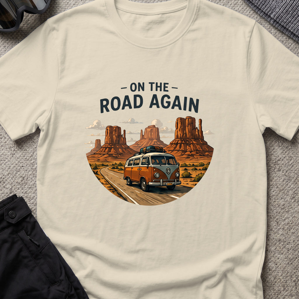 On the Road Again T-Shirt in Sand, front view.