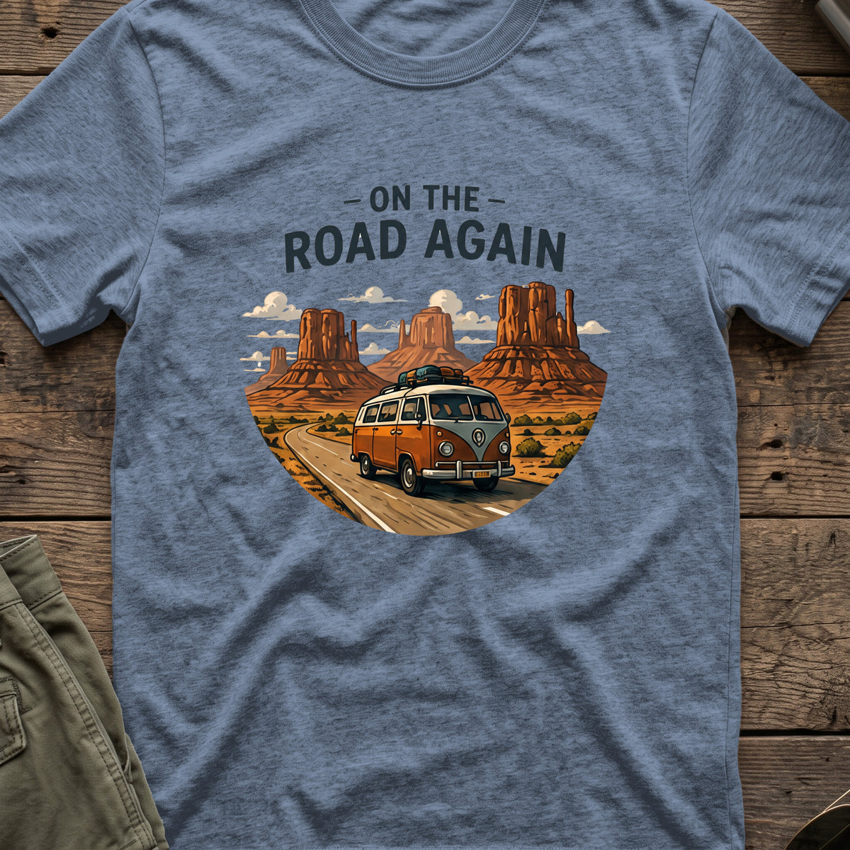 On the Road Again T-Shirt in Heather Indigo, front view.