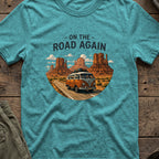 On the Road Again T-Shirt in Heather Galapagos Blue, front view.