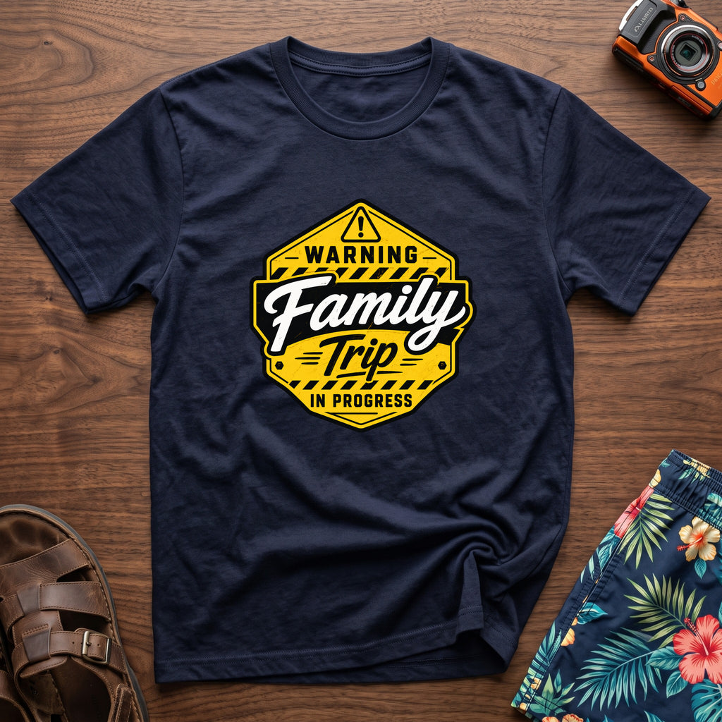 Warning Family Trip in Progress T-Shirt in Navy, front view.