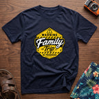 Warning Family Trip in Progress T-Shirt in Navy, front view.