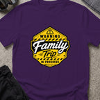 Warning Family Trip in Progress T-Shirt in Purple, front view.