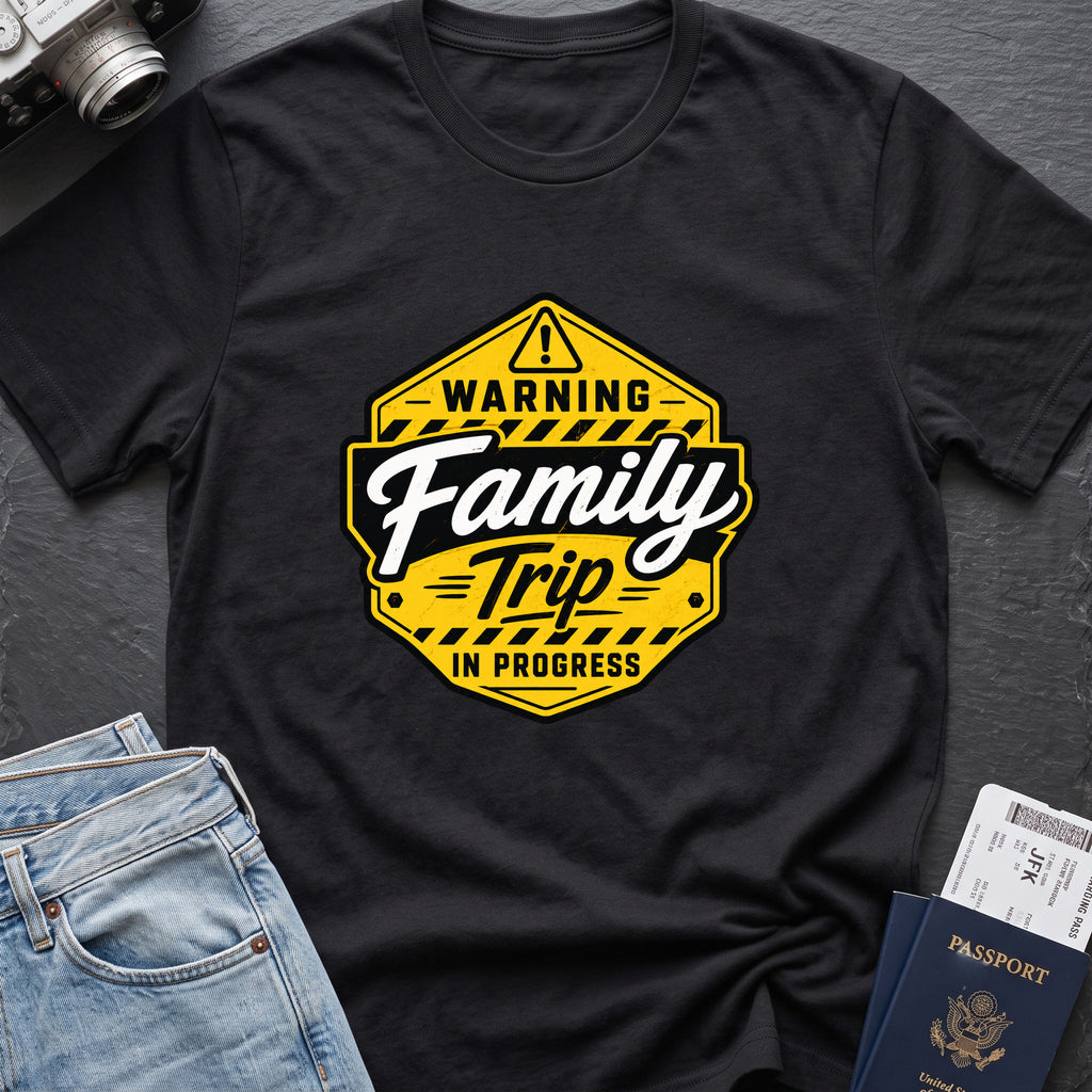 Warning Family Trip in Progress T-Shirt in Black, front view.