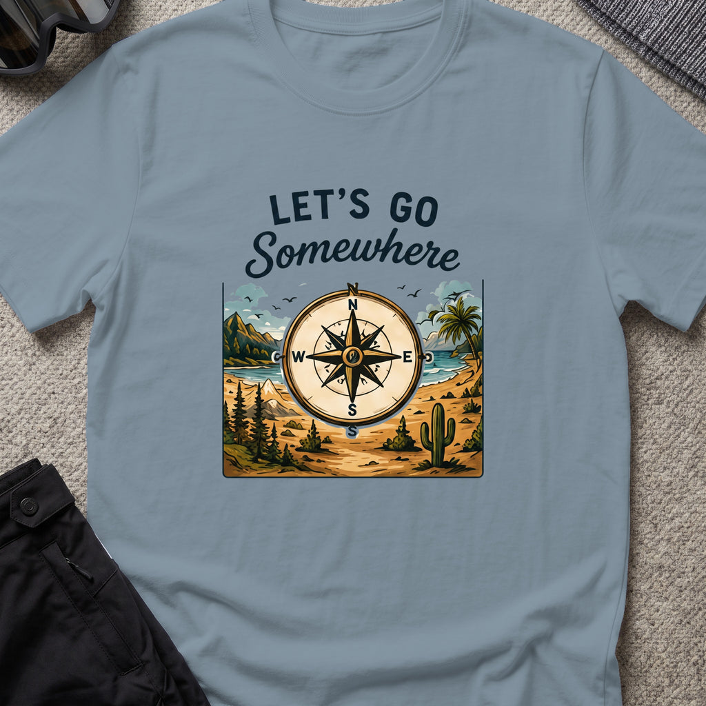 Let's Go Somewhere T-Shirt in Stone Blue, front view.
