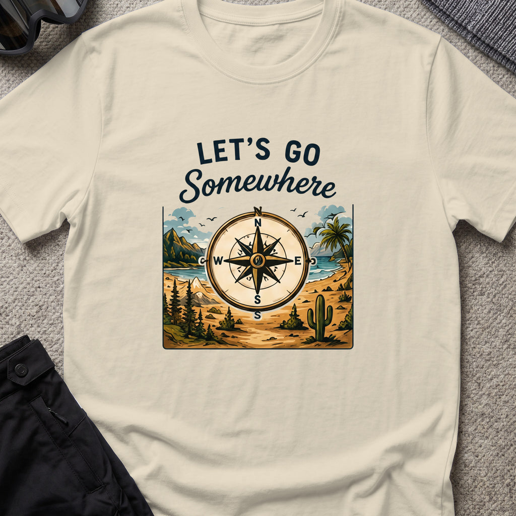 Let's Go Somewhere T-Shirt in Sand, front view.
