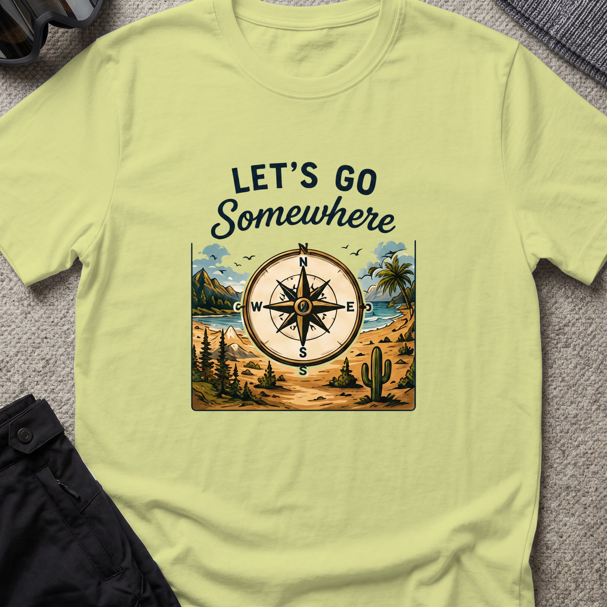 Let's Go Somewhere T-Shirt in Pistachio, front view.