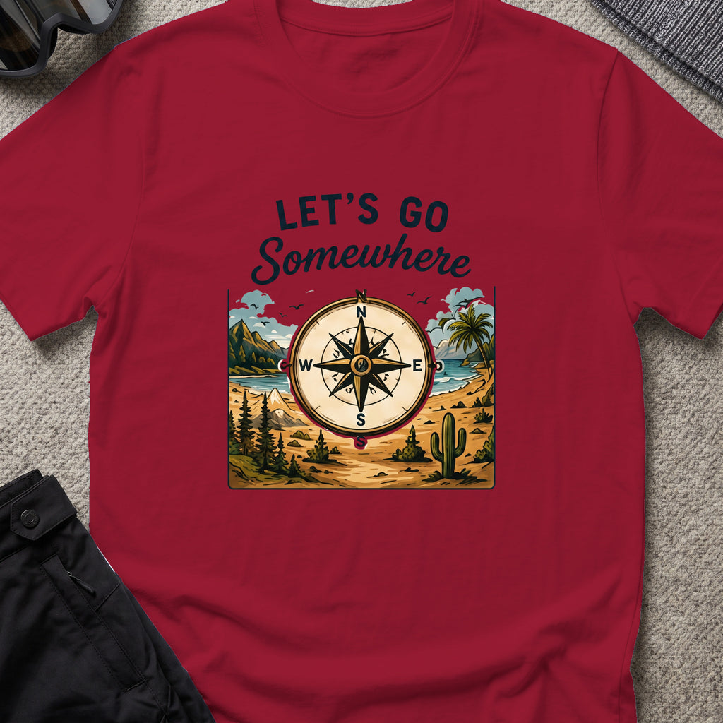 Let's Go Somewhere T-Shirt in Cardinal Red, front view.