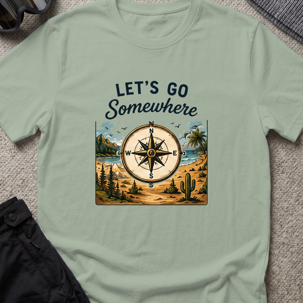 Let's Go Somewhere T-Shirt in Sage, front view.