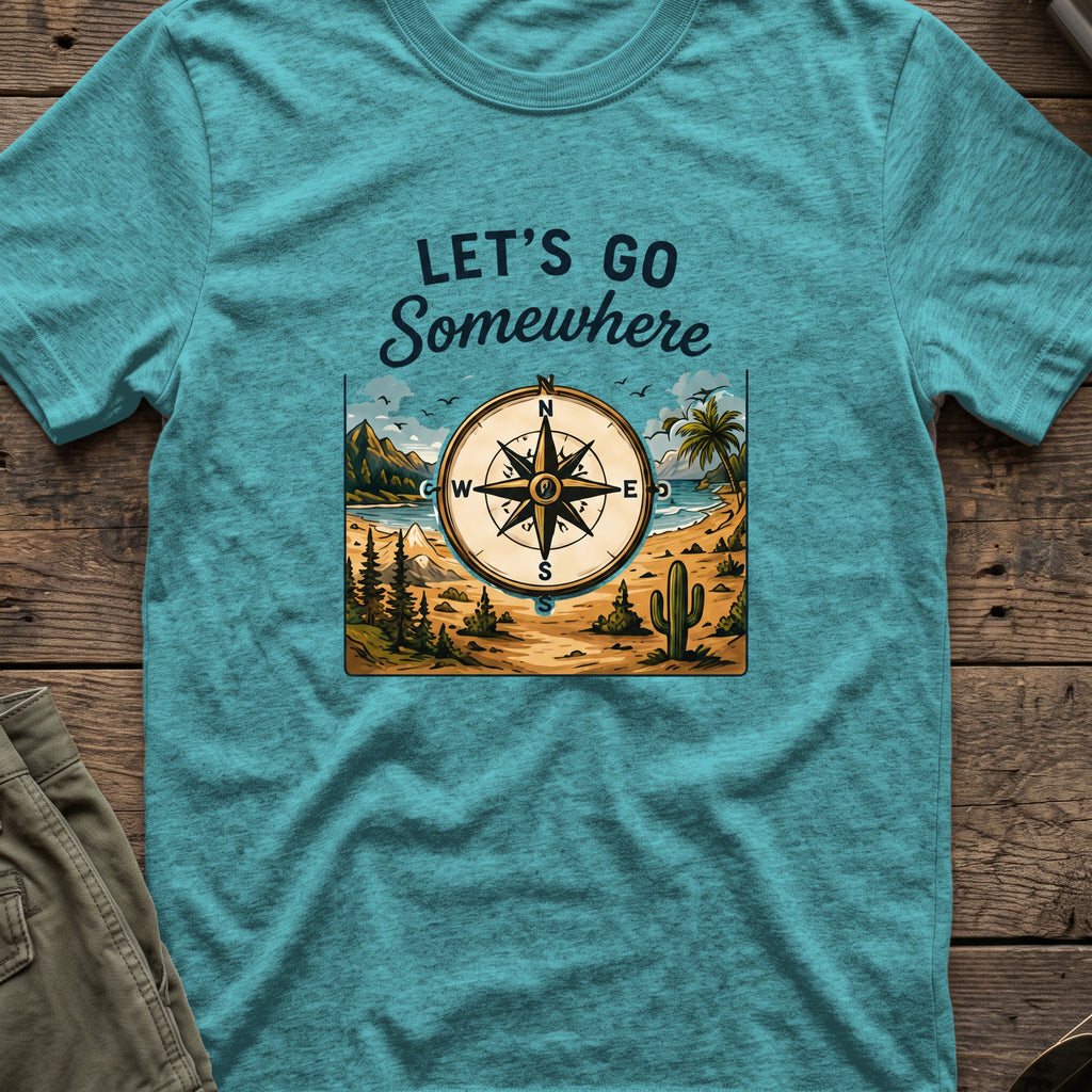 Let's Go Somewhere T-Shirt in Heather Galapagos Blue, front view.
