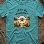 Let's Go Somewhere T-Shirt in Heather Galapagos Blue, front view.