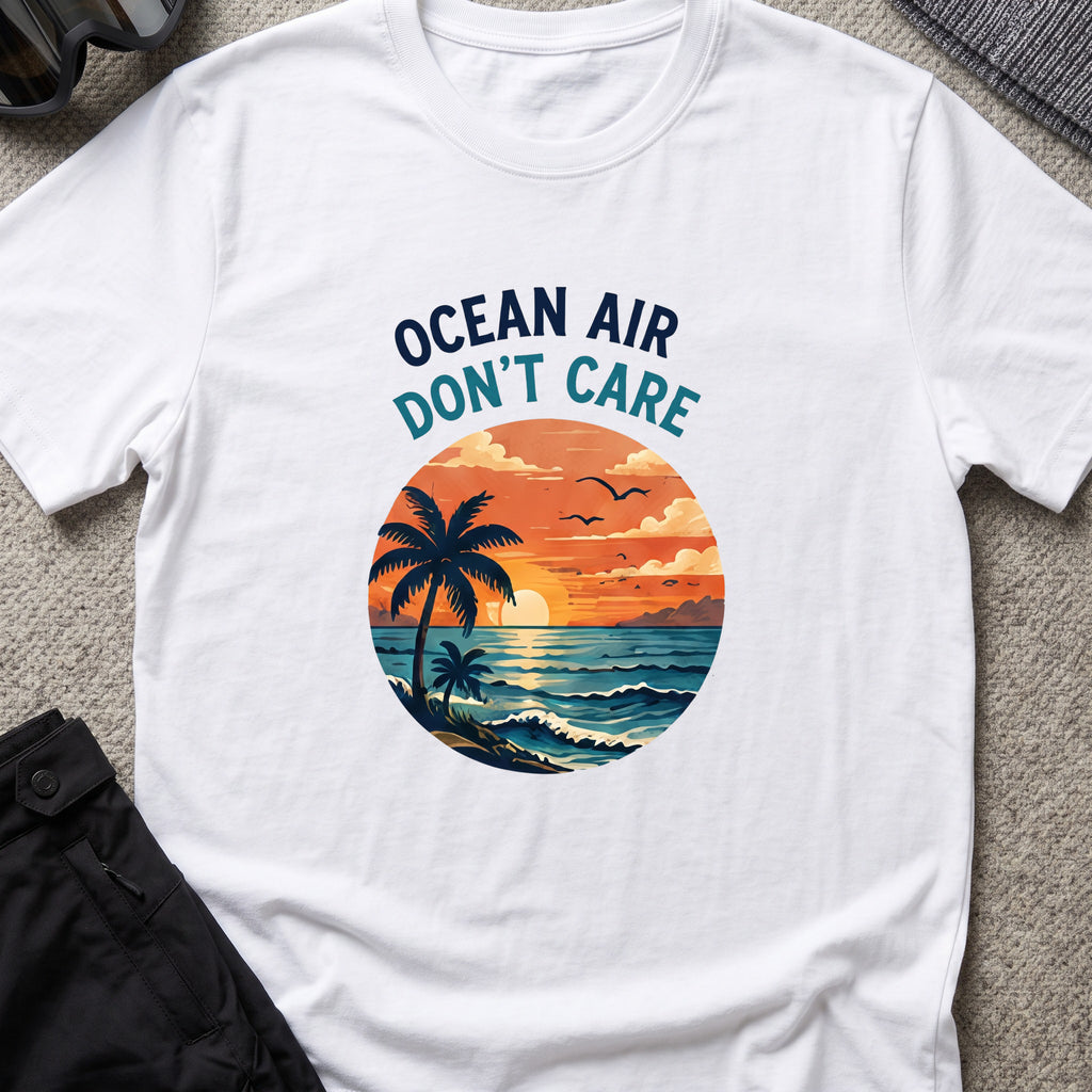 Ocean Air Don't Care T-Shirt in White, front view.