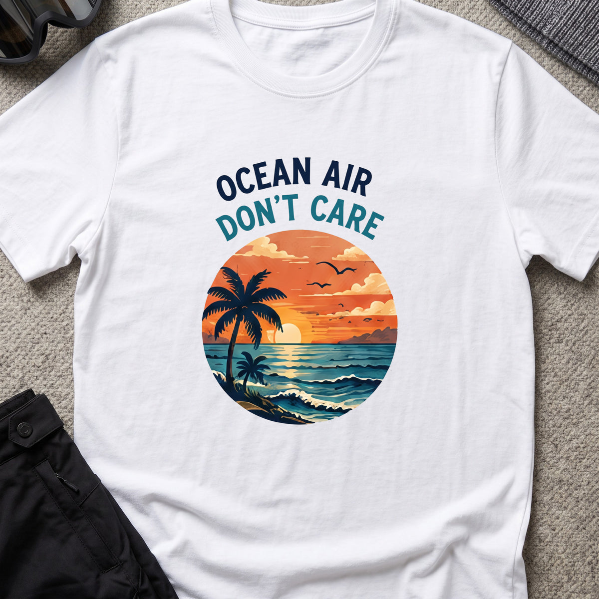 Ocean Air Don't Care T-Shirt in White, front view.