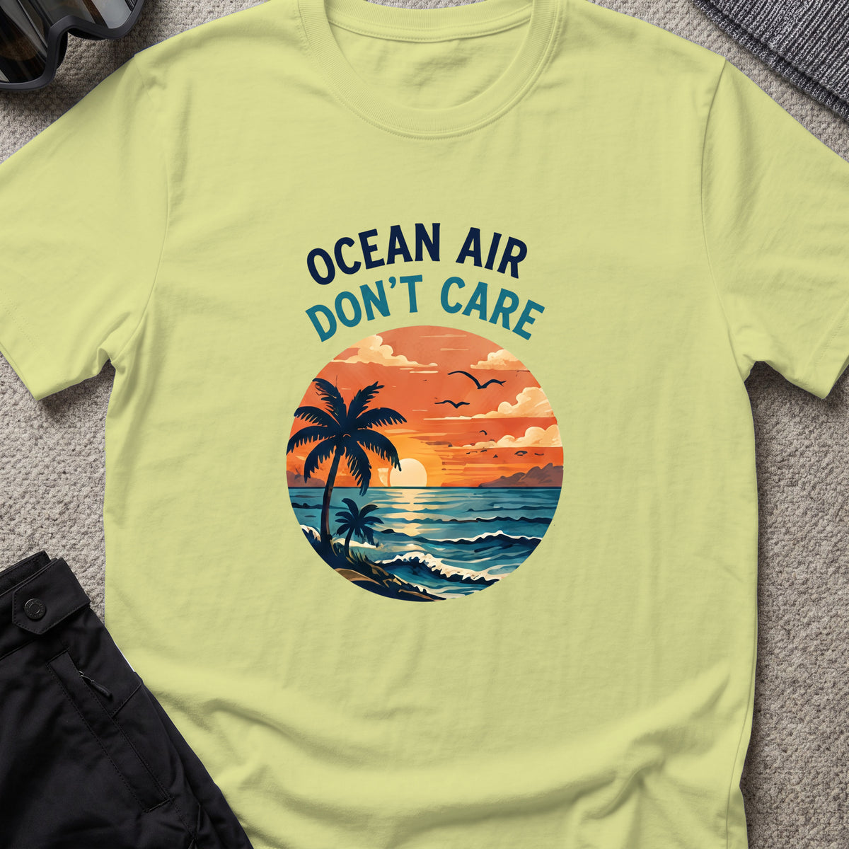 Ocean Air Don't Care T-Shirt in Pistachio, front view.