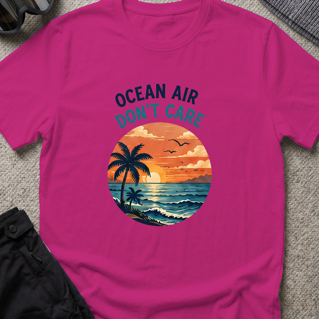 Ocean Air Don't Care T-Shirt in Antique Heliconia, front view.