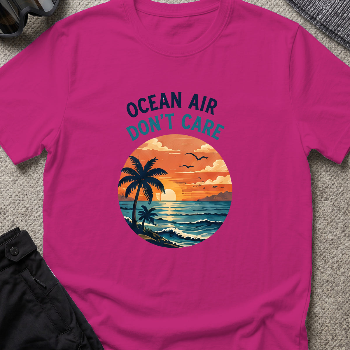 Ocean Air Don't Care T-Shirt in Antique Heliconia, front view.