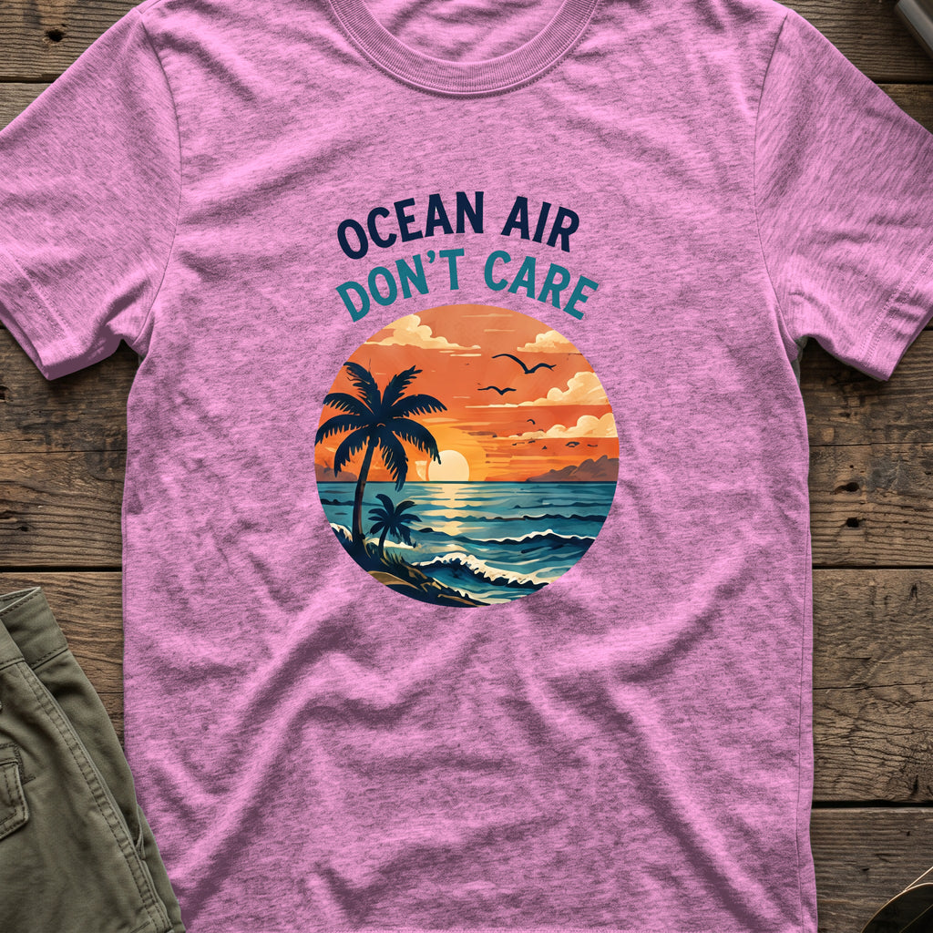 Ocean Air Don't Care T-Shirt in Heather Radiant Orchid, front view.