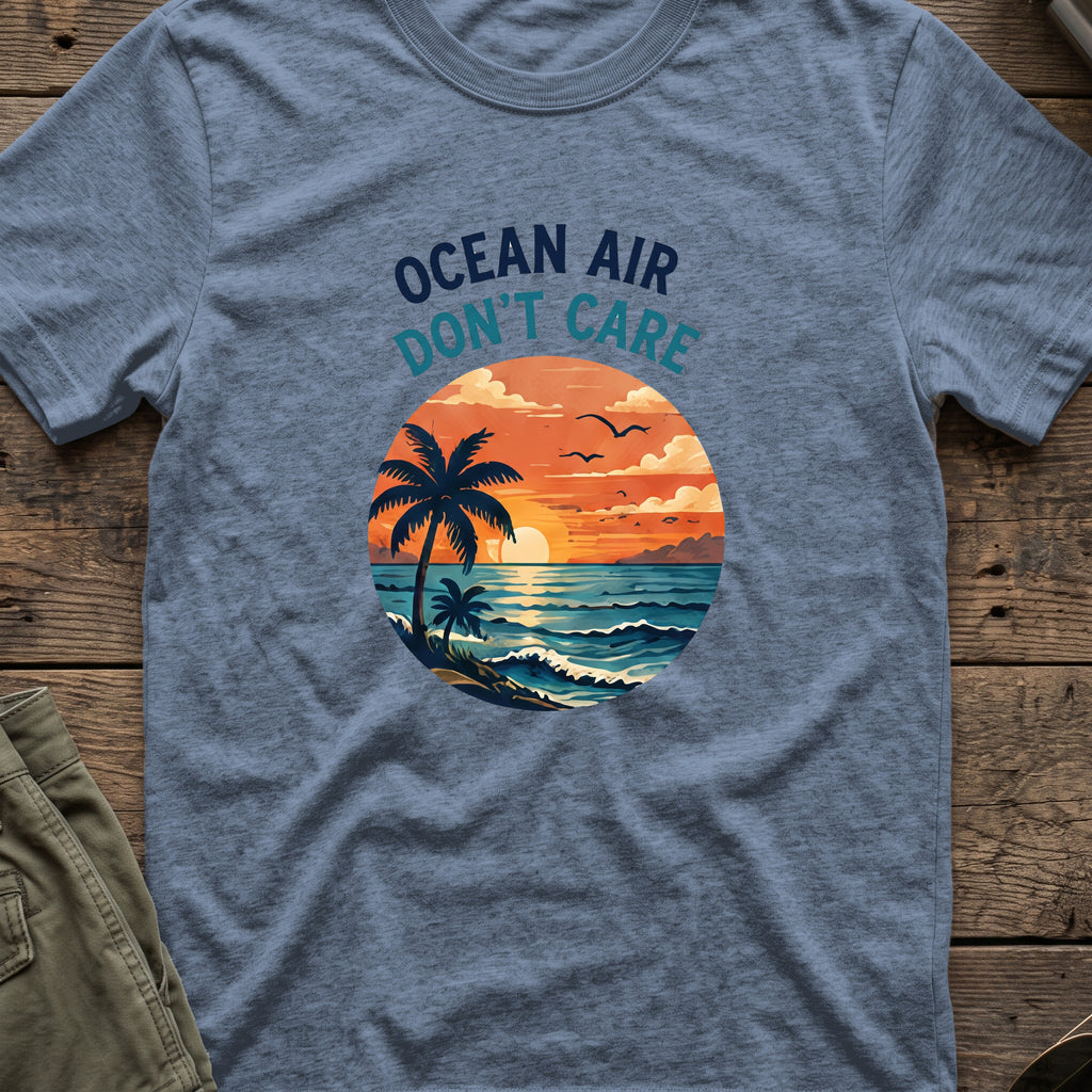 Ocean Air Don't Care T-Shirt in Heather Indigo, front view.