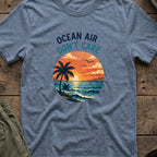 Ocean Air Don't Care T-Shirt in Heather Indigo, front view.