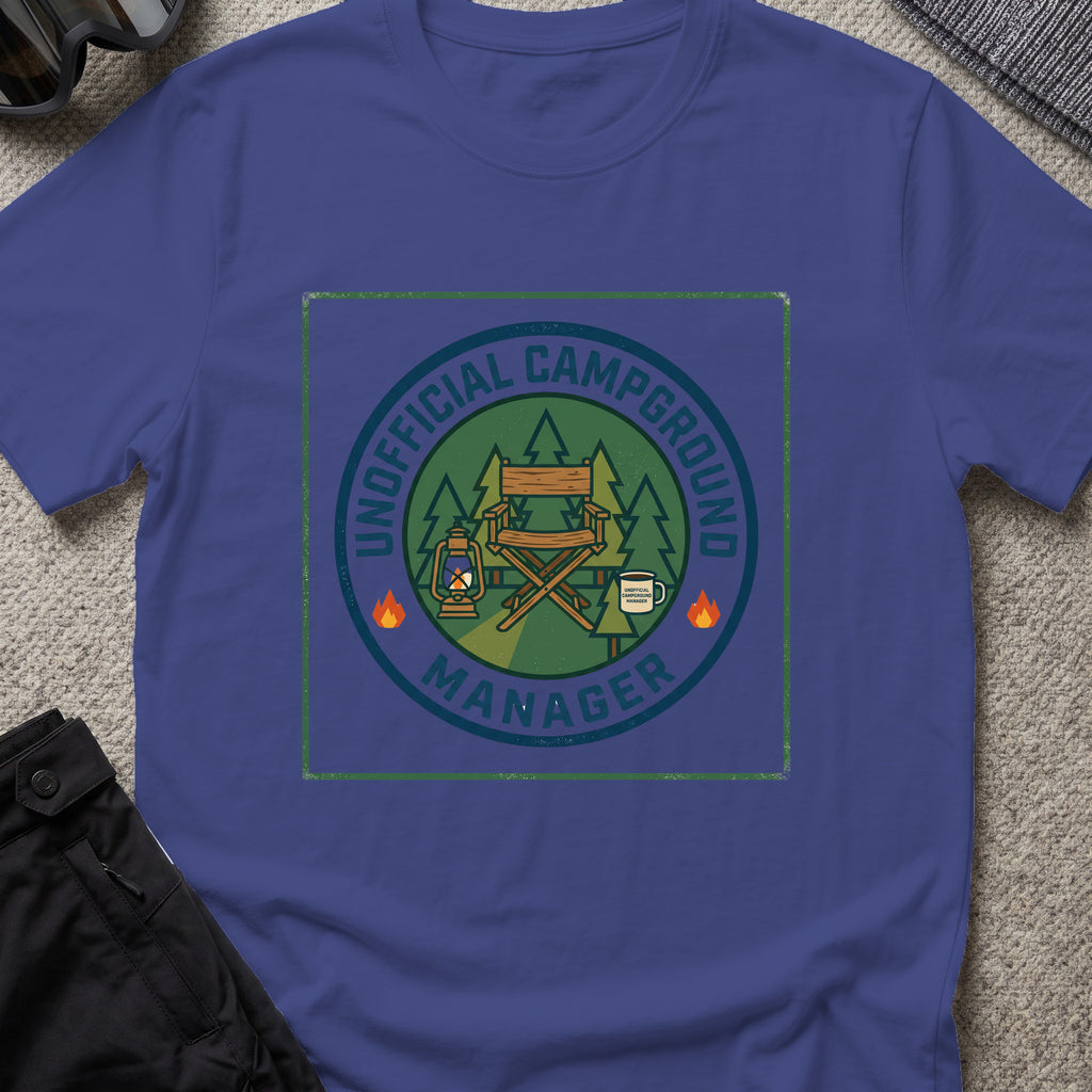 Unofficial Campground Manager T-Shirt in Metro Blue, front view.