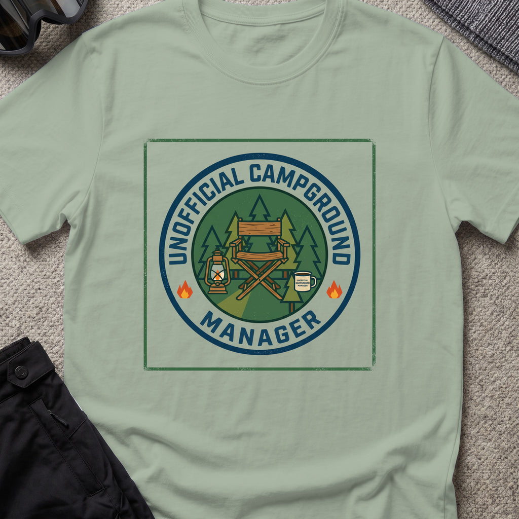 Unofficial Campground Manager T-Shirt in Sage, front view.