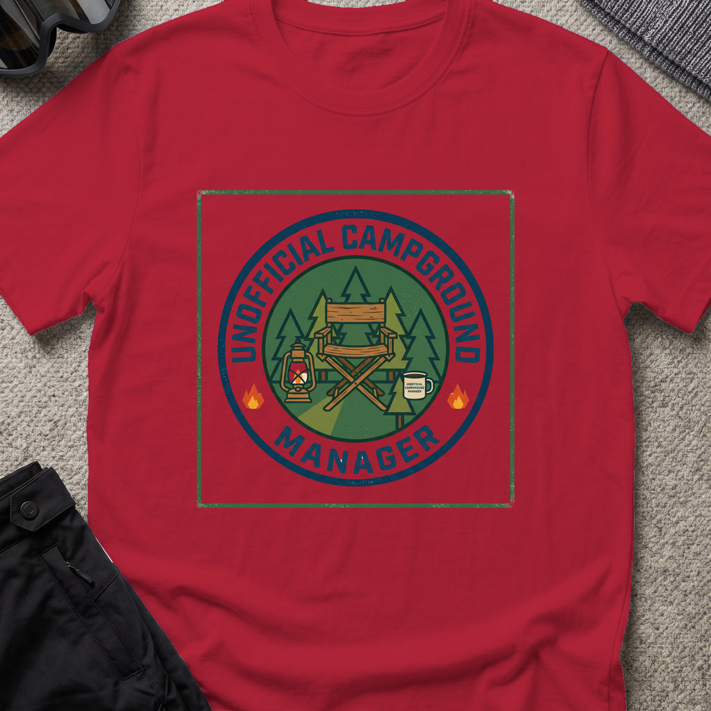 Unofficial Campground Manager T-Shirt in Antique Cherry Red, front view.