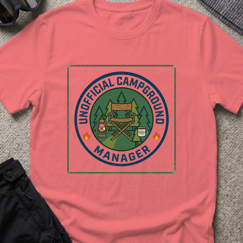 Unofficial Campground Manager T-Shirt in Coral Silk, front view.
