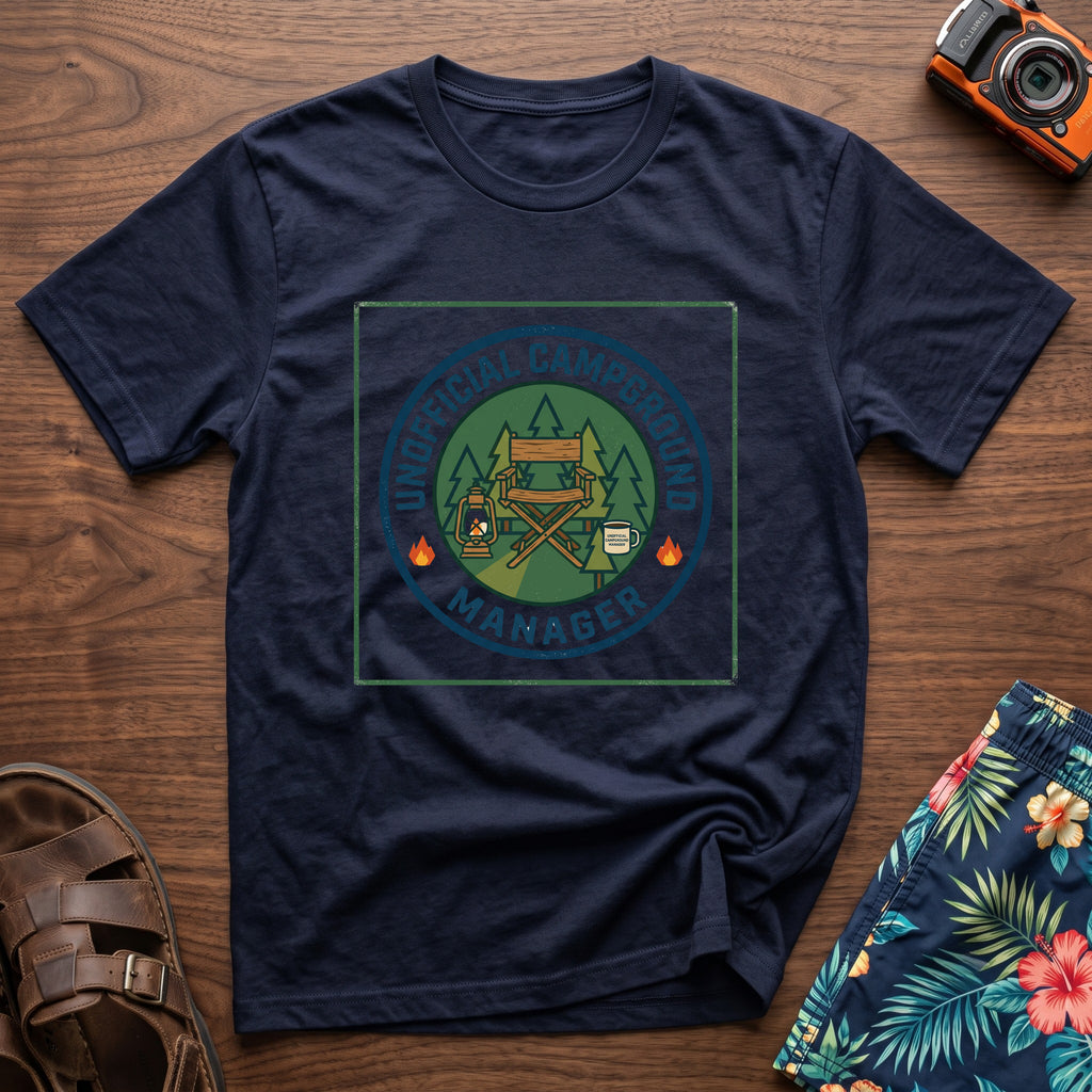 Unofficial Campground Manager T-Shirt in Navy, front view.