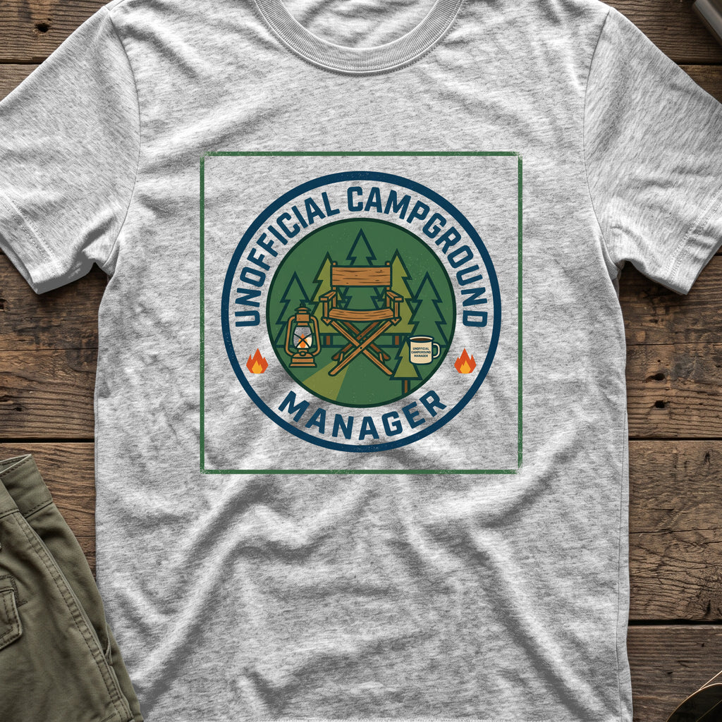 Unofficial Campground Manager T-Shirt in Sport Grey, front view.