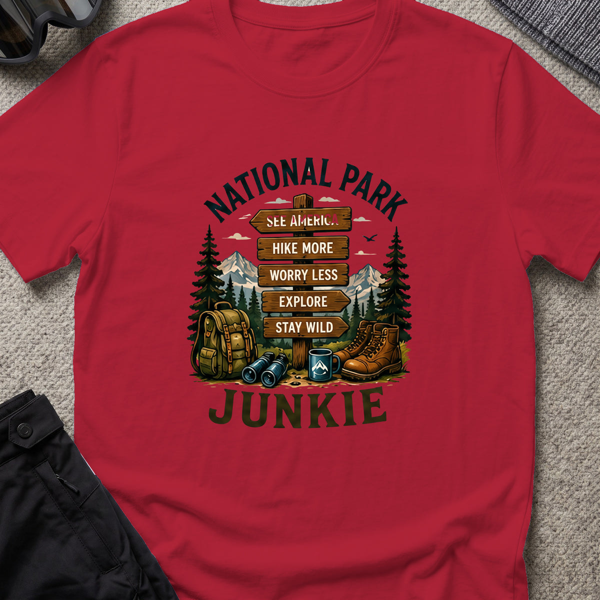 National Park Junkie T-Shirt in Antique Cherry Red, front view.
