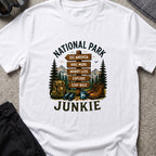 National Park Junkie T-Shirt in White, front view.