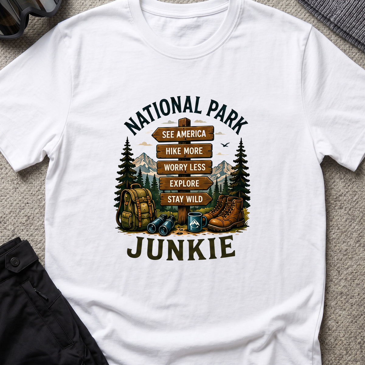 National Park Junkie T-Shirt in White, front view.