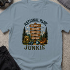 National Park Junkie T-Shirt in Stone Blue, front view.