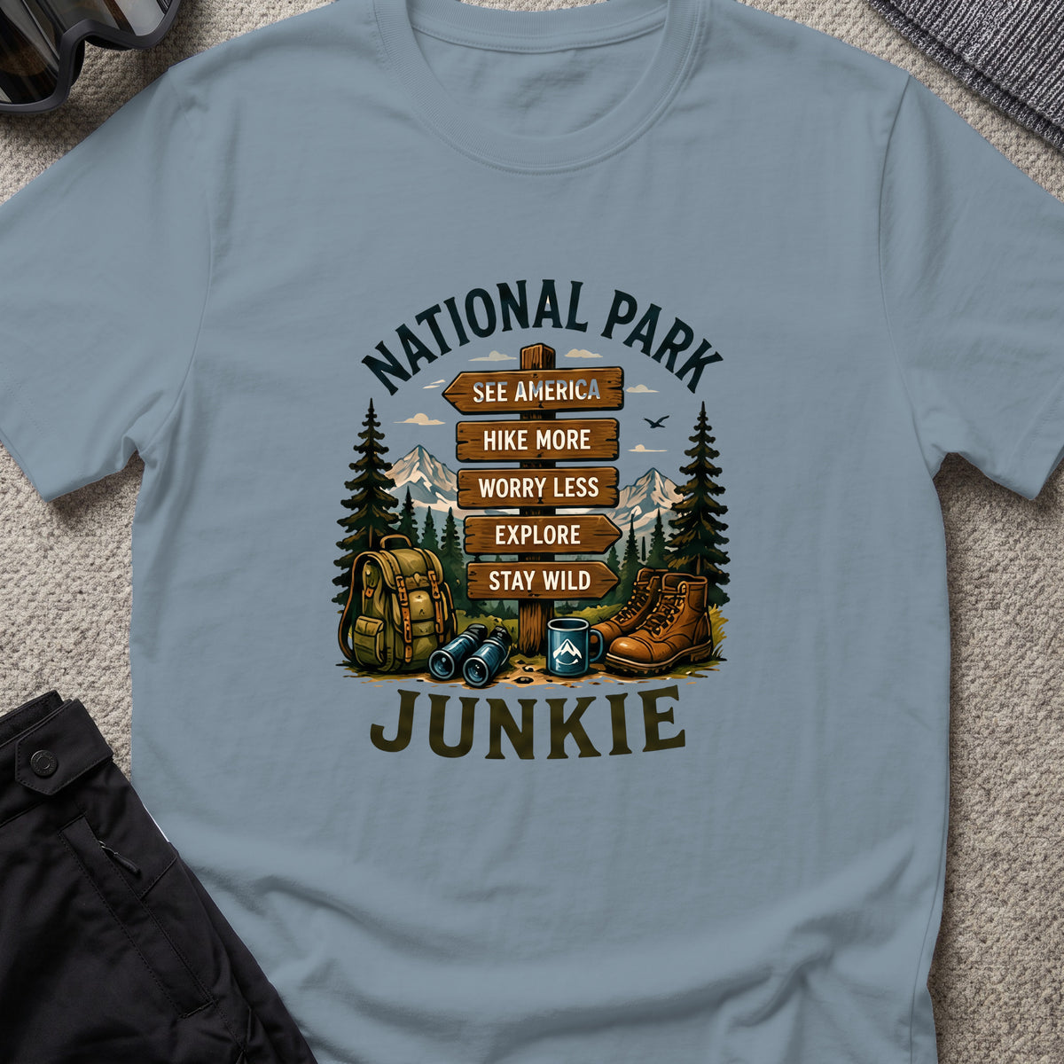 National Park Junkie T-Shirt in Stone Blue, front view.