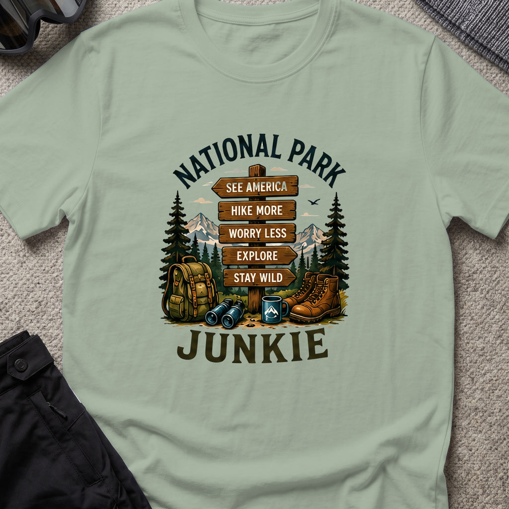 National Park Junkie T-Shirt in Sage, front view.