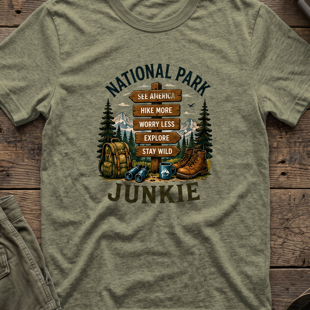 National Park Junkie T-Shirt in Heather Military Green, front view.