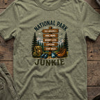 National Park Junkie T-Shirt in Heather Military Green, front view.