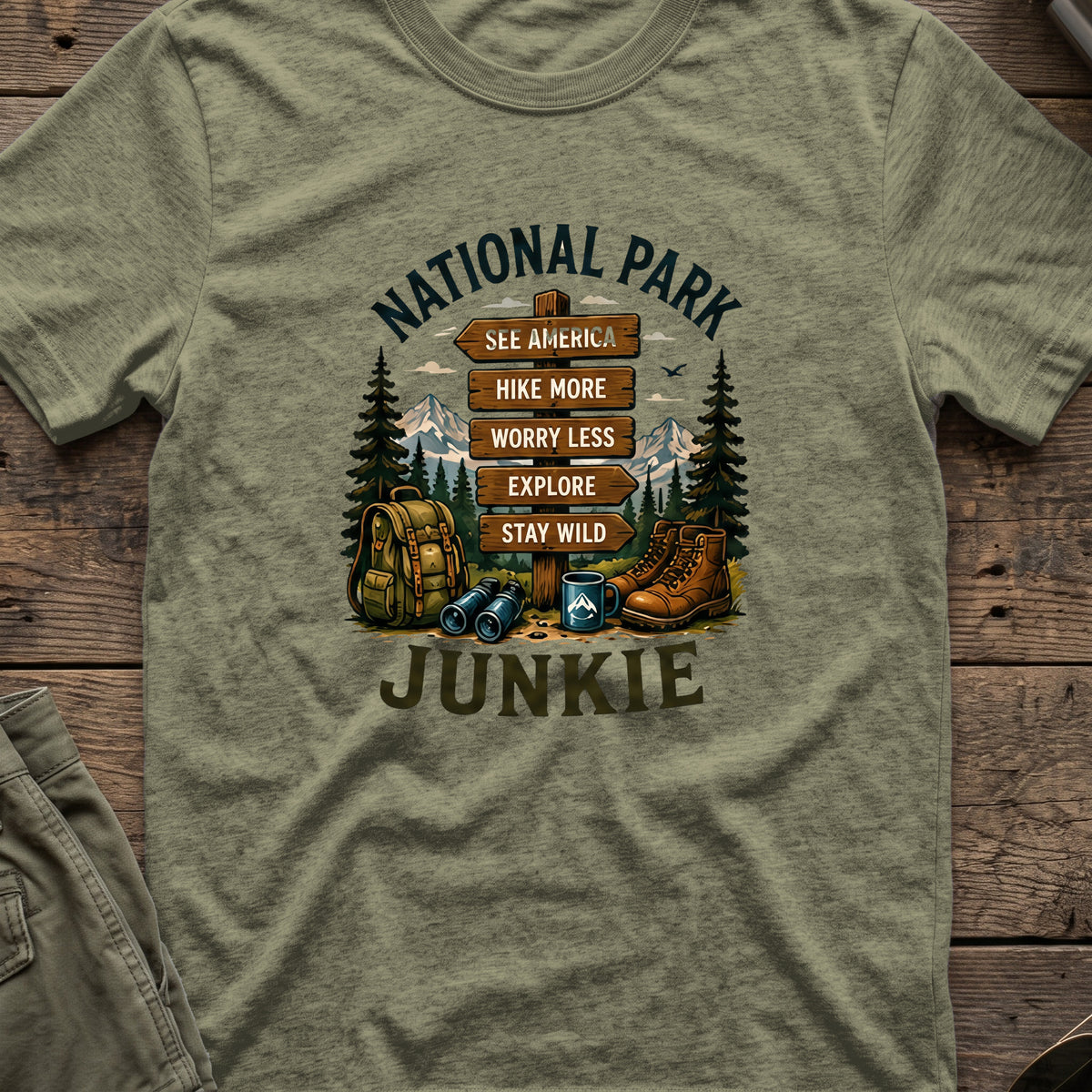 National Park Junkie T-Shirt in Heather Military Green, front view.
