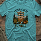 National Park Junkie T-Shirt in Heather Galapagos Blue, front view.