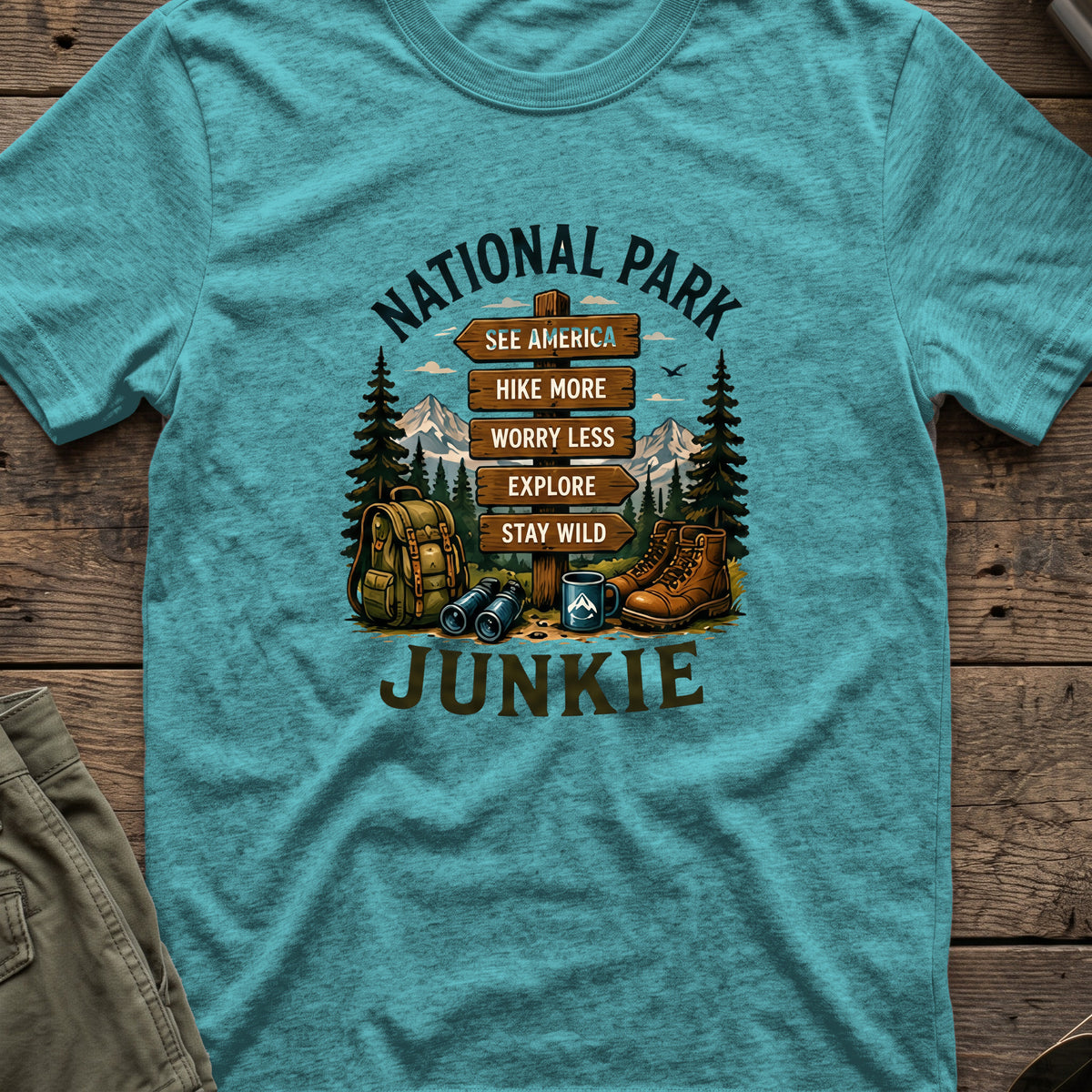 National Park Junkie T-Shirt in Heather Galapagos Blue, front view.