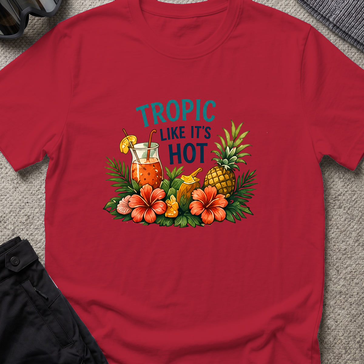 Tropic Like it's Hot T-Shirt in Antique Cherry Red, front view.