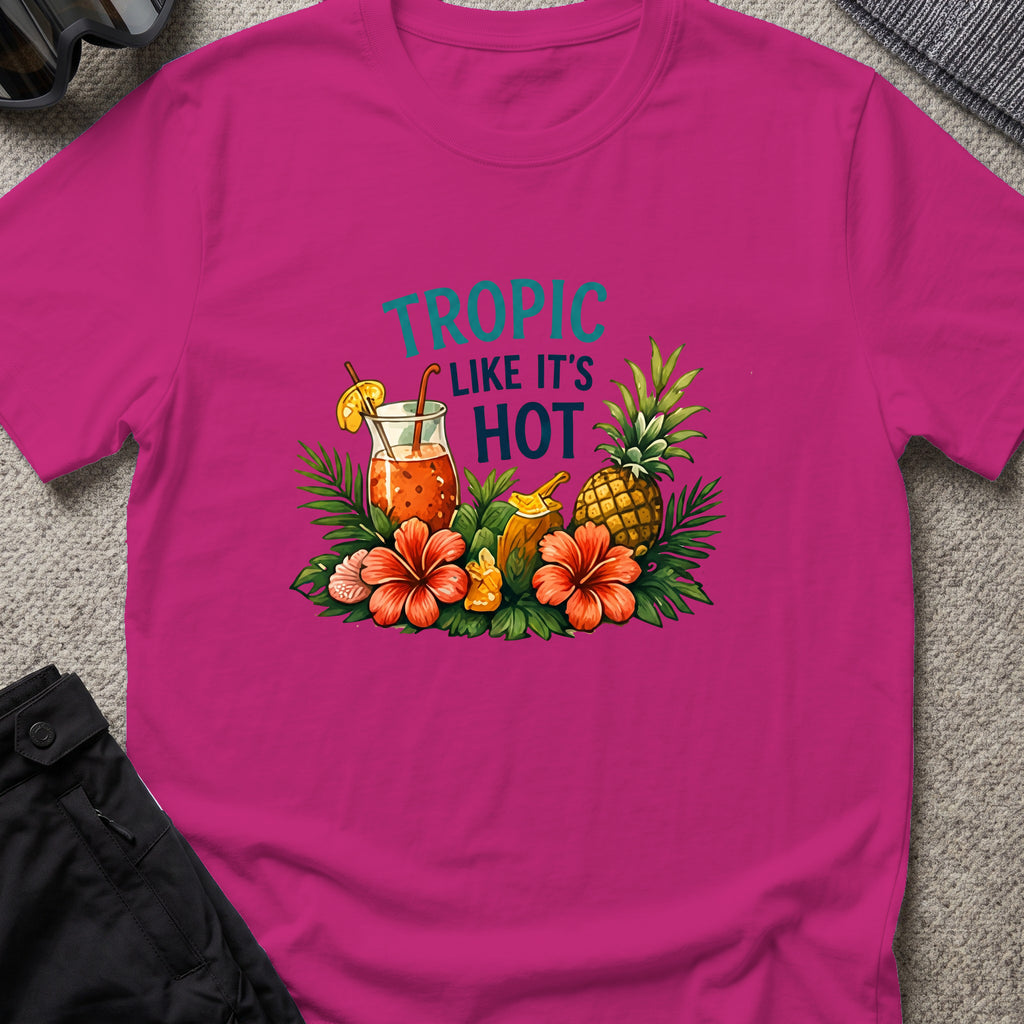 Tropic Like it's Hot T-Shirt in Antique Heliconia, front view.