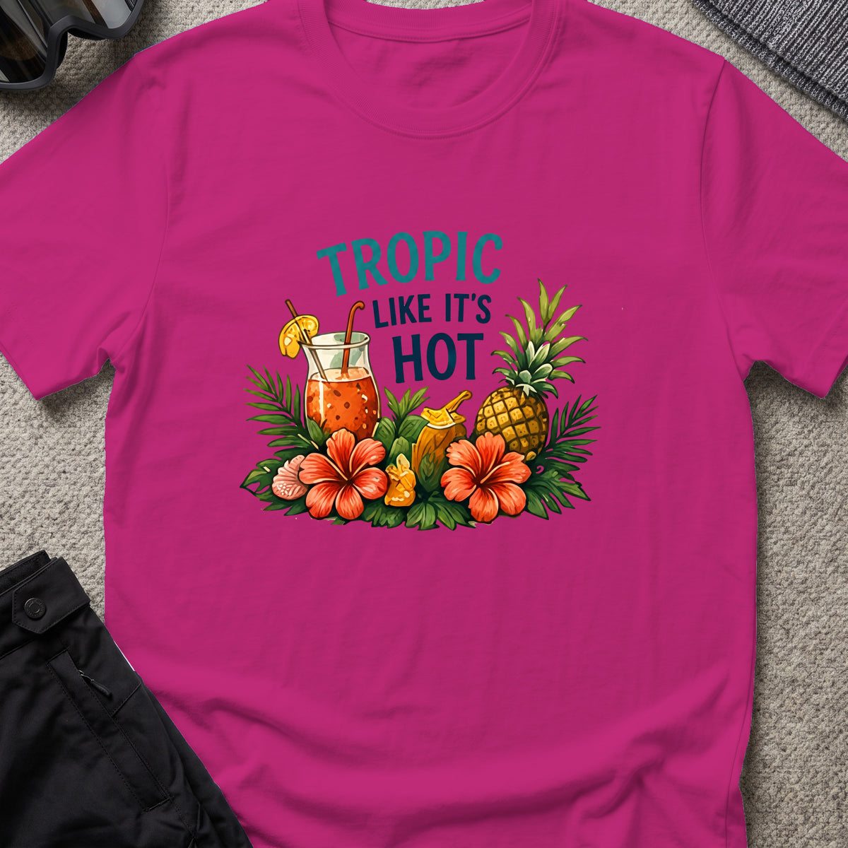 Tropic Like it's Hot T-Shirt in Antique Heliconia, front view.