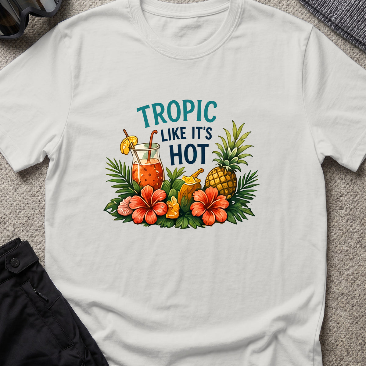 Tropic Like it's Hot T-Shirt in Ice Grey, front view.
