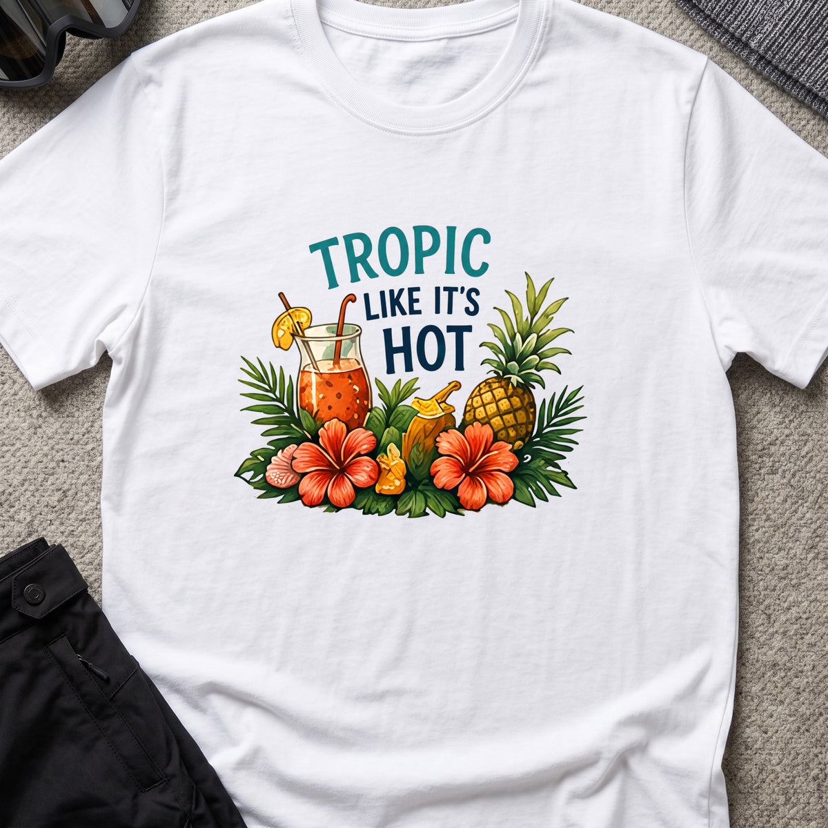 Tropic Like it's Hot T-Shirt in White, front view.