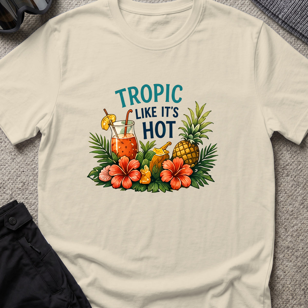 Tropic Like it's Hot T-Shirt in Sand, front view.