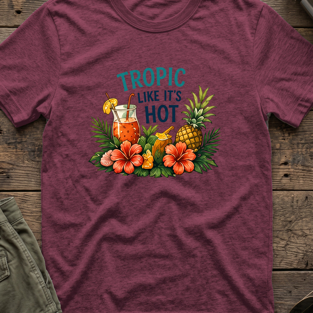 Tropic Like it's Hot T-Shirt in Heather Maroon, front view.