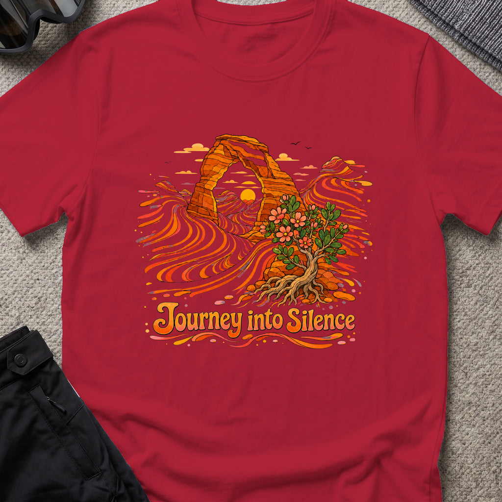Journey Into Silence T-Shirt in Antique Cherry Red, front view.