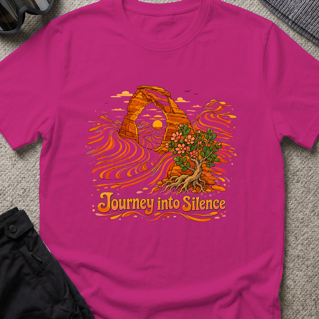 Journey Into Silence T-Shirt in Antique Heliconia, front view.
